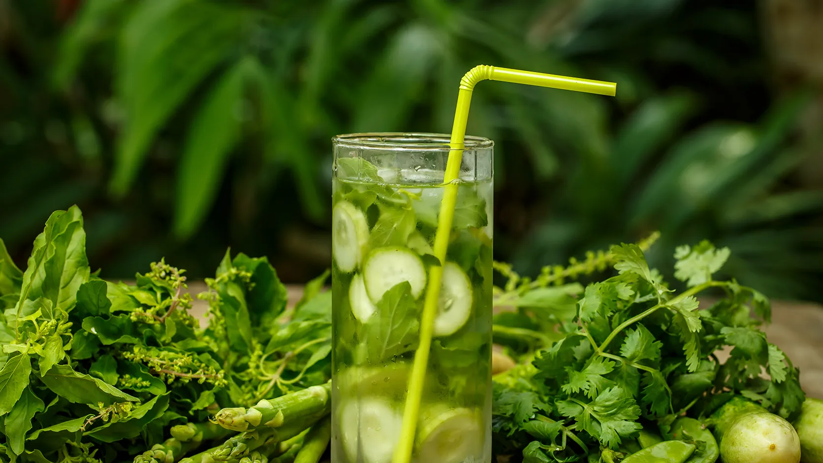 Gruenes Detox-Getraenk mit frischen Kraeutern und Gemuese