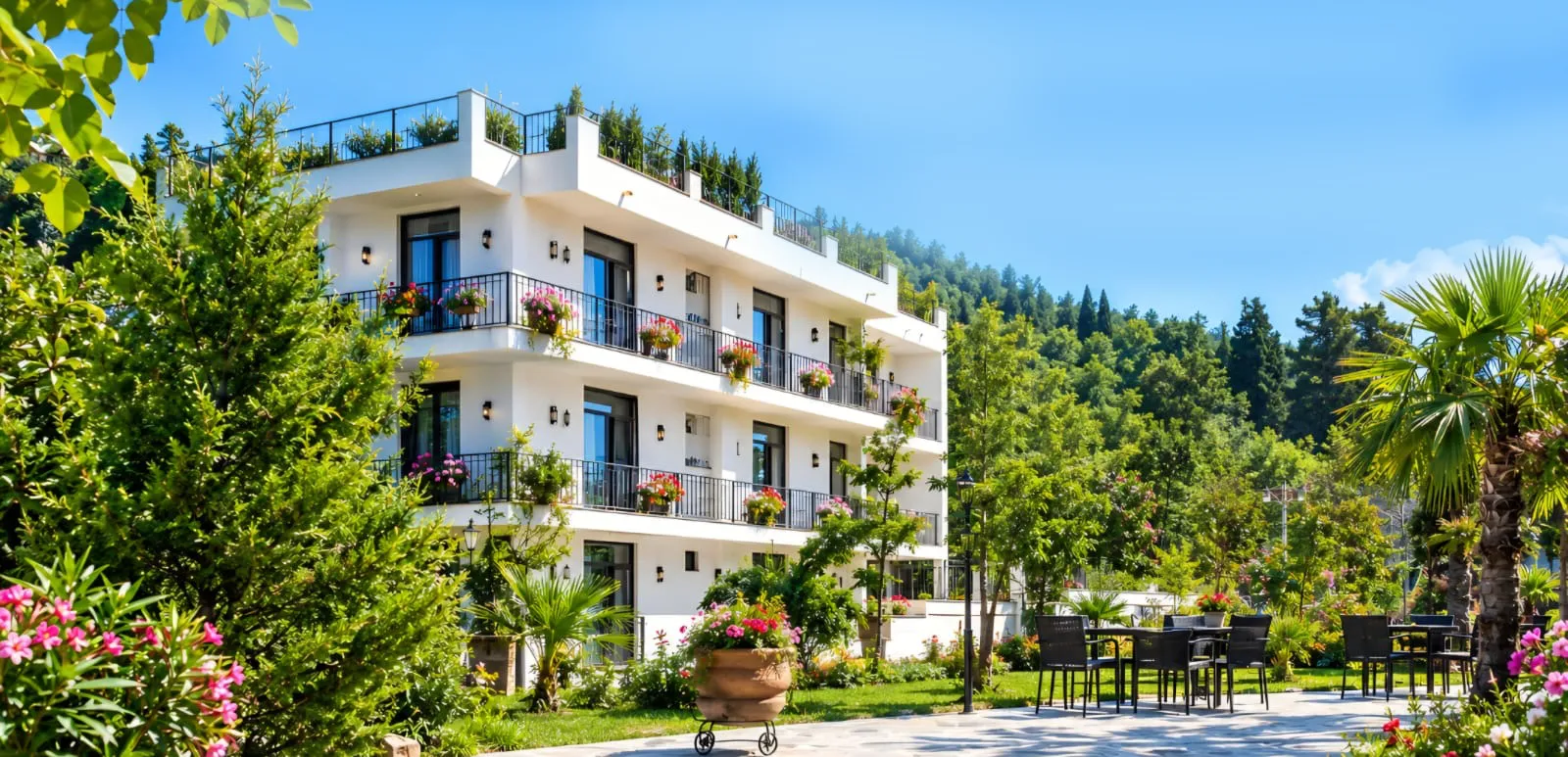 Aussenbereich der Back To Life Klinik in Batumi mit Pool und Garten